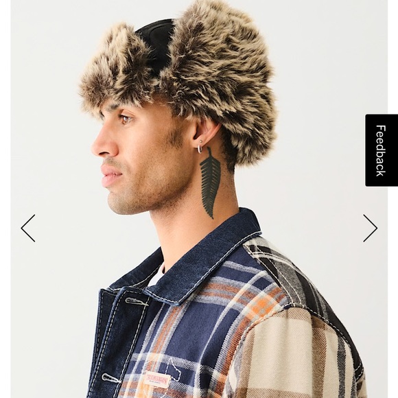 True Religion Trapper Hat Dark Blue Denim Faux Fur Horseshoe Pockets NWT - Picture 7 of 8